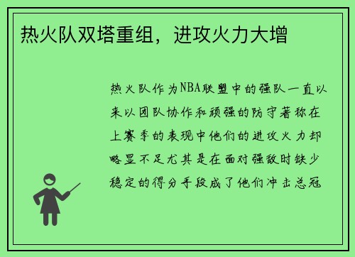 热火队双塔重组，进攻火力大增