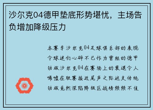沙尔克04德甲垫底形势堪忧，主场告负增加降级压力